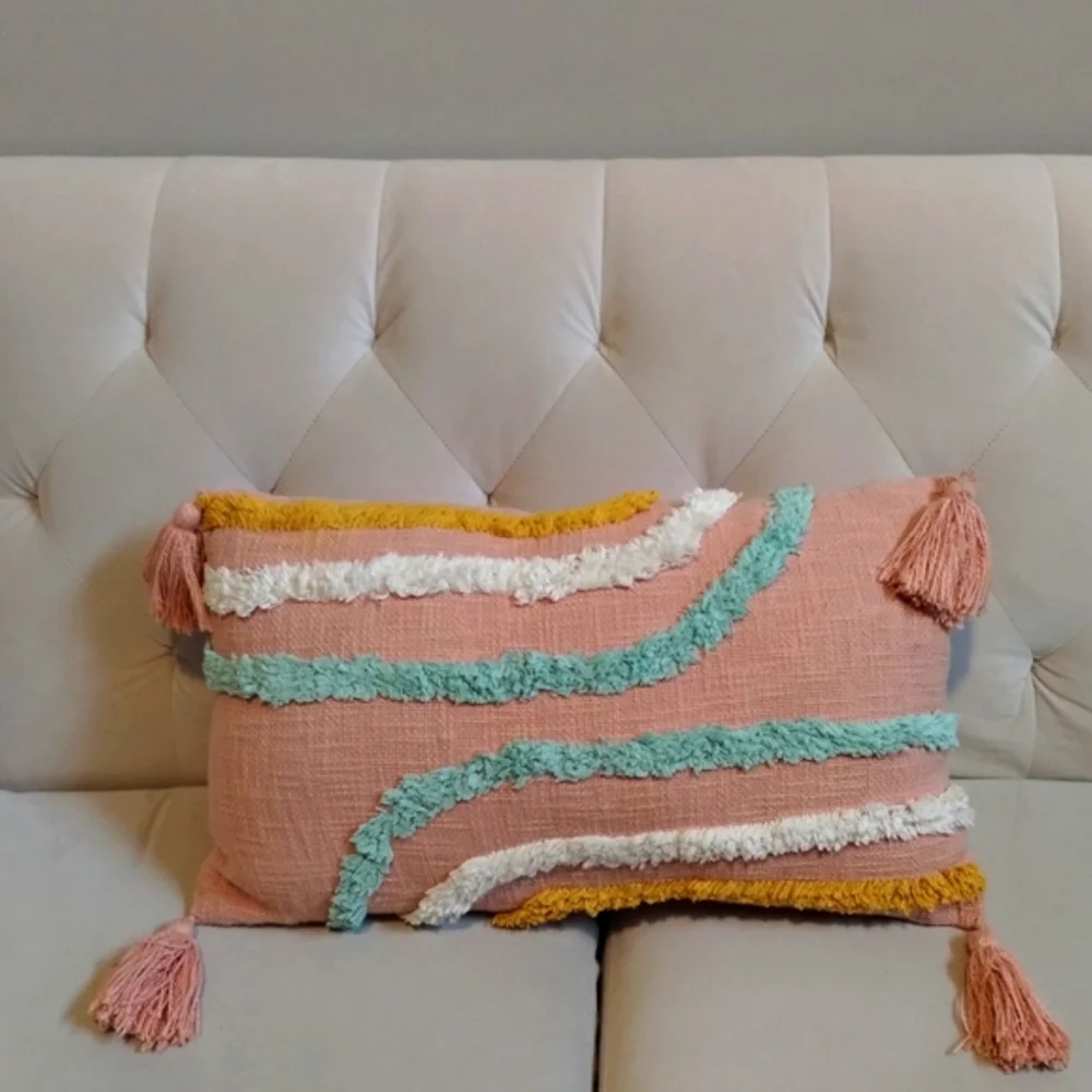 Boho Pillow Pink Cotton White Lumbar Tassel
